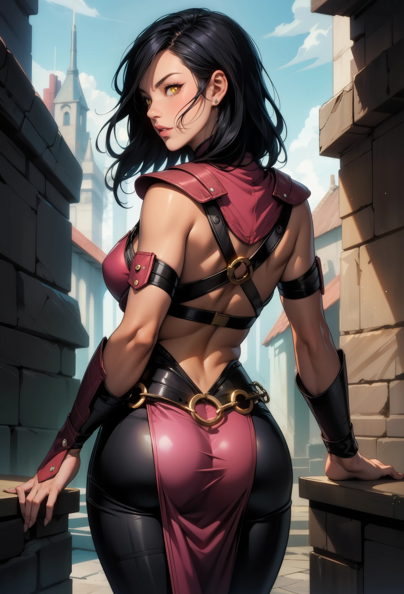 perfect eyes:1.2, detailed eyes:1.4, Mileenamk10, Mileena, lips, exposed cheek, extra teeth, black hair, medium hair, yellow eyes, slit pupils, glowing eyes, hair over one eye, pink top, o-ring, stitched, leather armor, tight black pants, pelvic curtain, sash, chain belt, cowboy shot, 1girl, solo, (masterpiece:1.6, best quality), 8k, insane details, intricate details, hyperdetailed, hyper quality, high detail, ultra detailed, professional, HDR, ray tracing reflection, cinematic lighting,