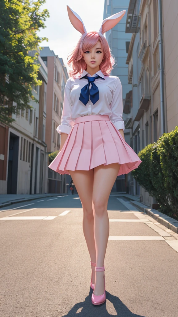 close up, (cute and sexy girl,pink hair,bunny girl:1.1,ultra-realistic,best quality,4k,highres,masterpiece:1.2),detailed lighting,anime, blue school uniform and blue pleated skirt, school background blurred,  captured mid-step in an elegant walk, with one leg extended forward and the other following naturally. Her arms should be relaxed by her sides or gently swinging, and her posture should be tall and confident, exuding grace and poise.