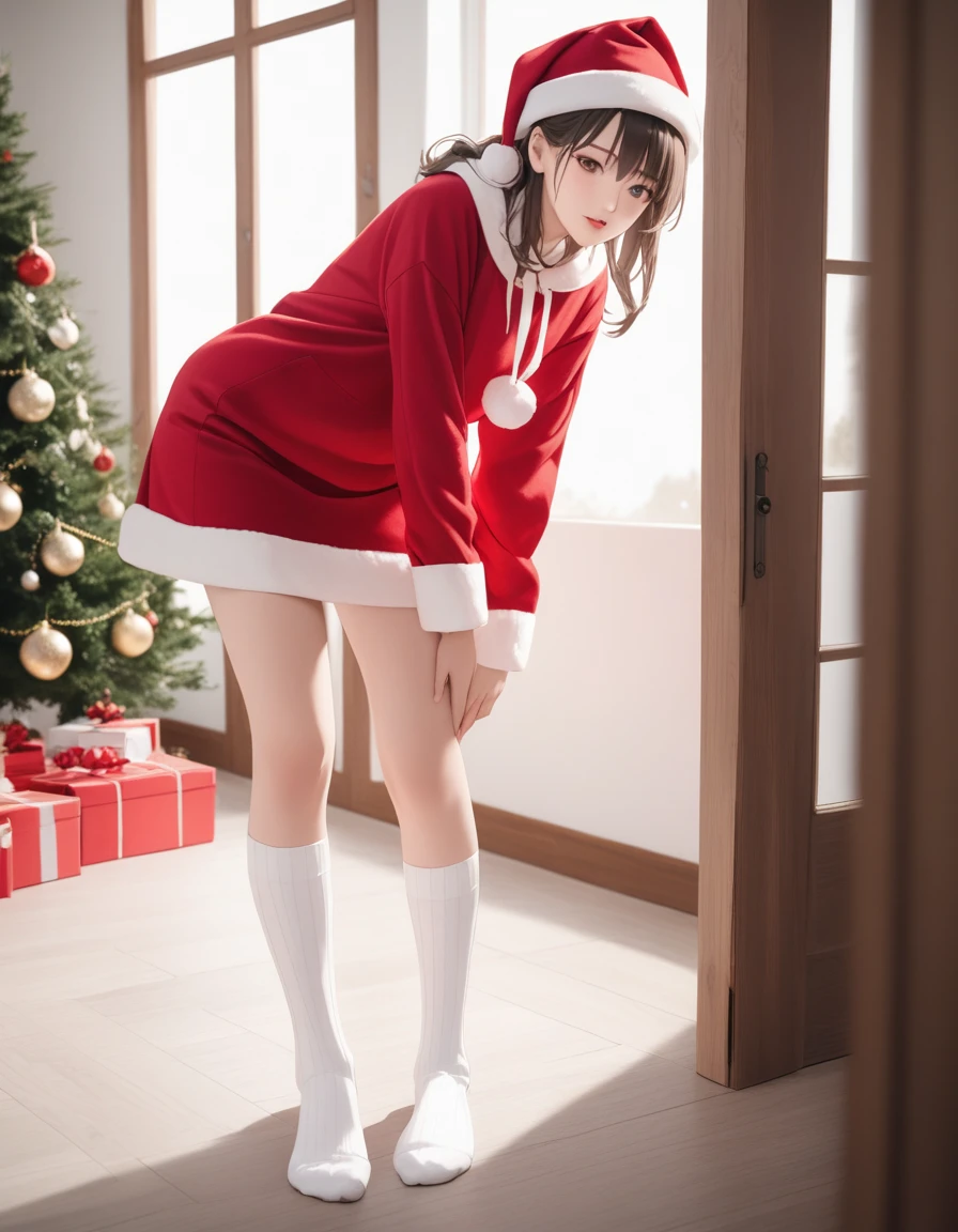 NSFW, White ribbed ankle socks.Santa Girl.Inside the house.