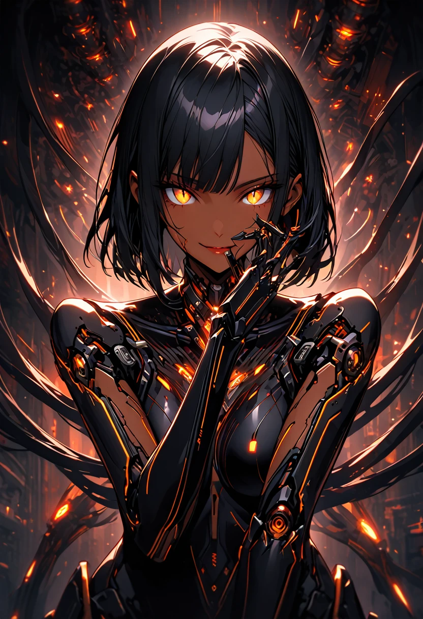 solo, female, close up, Black hair, sleek and straight hair, chin-length bob cut, slightly tousled bangs framing her face, hair infused with metallic threads, shimmering hair, slit pupils, amber-gold iris, augmented eyes, Smooth skin, tan, faint silvery veins visible just beneath the surface of her skin, skin illuminated from within, Lean, athletic, long limbs, additional arachnid mechanical, confident stance, slender mechanical legs, small glowing nodes scattered across her body, cybernetic enhancements, medium shot, pinup pose, workshop, dark, futuristic, smirk