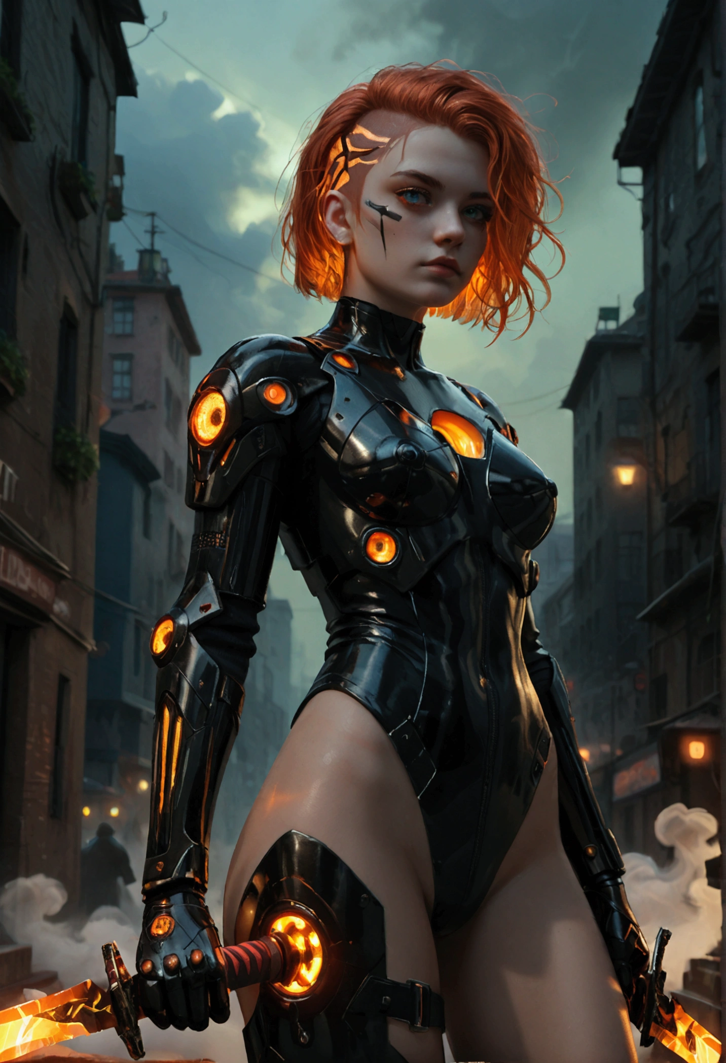 A hyper-realistic digital art of a cyber assassin, clad in sleek, futuristic armor with intricate glowing circuits. The assassin, holding a sharp dagger, is hidden in the shadows of a dimly lit, secretive alleyway, Thick fog and swirling smoke envelop the assassin, obscuring their form, while a striking red backlight casts an ominous glow, creating a dramatic silhouette, The assassin’s face is partially concealed by a high-tech visor reflecting a neon-lit cityscape, The scene is intense and mysterious, with vibrant neon colors like electric blues, neon pinks, and fiery oranges cutting through the darkness, The atmosphere is a blend of tension and stealth, capturing the eerie, dangerous energy of a dystopian cyberpunk world,