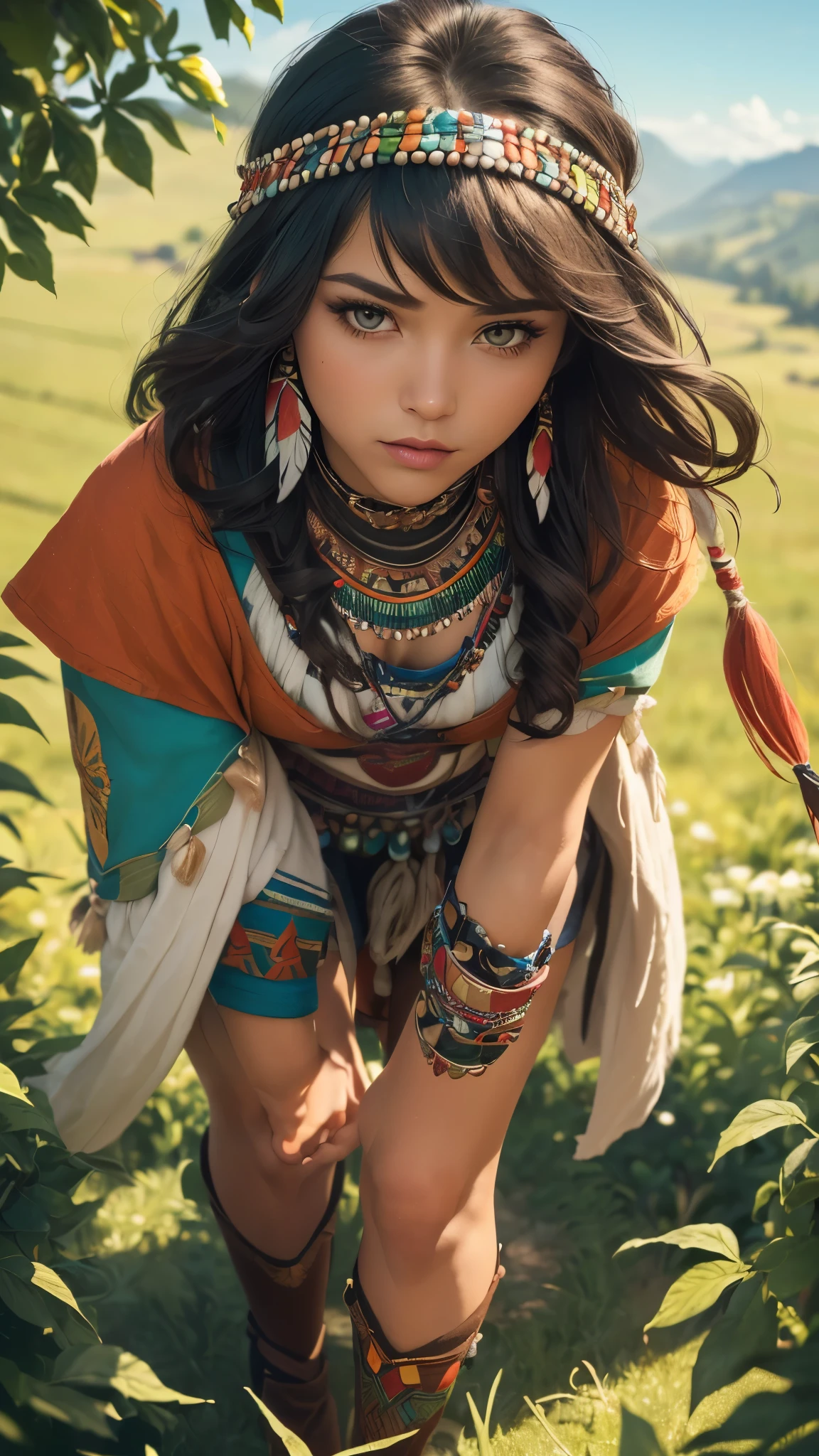 ((high detailed, best quality, 4k, masterpiece, hd:1.3)), ((best quality)), (((HD))), (((8k))), (ultraDH), (ultra HD), a native american woman, kneeling in open grassland, wigwam in background, native american headdress, wearing stereotypical feathered native american garb, smoking a peace pipe, gorgeous scenery, cinematography in style of peter jackson, (standing up:1.8), (above-knee photo:1.6), (from eye-level:1.4), (gorgeous feminine legs:1.4), (beautiful face:1.6), (heavy colorful makeup), (perfect hands, perfect anatomy)