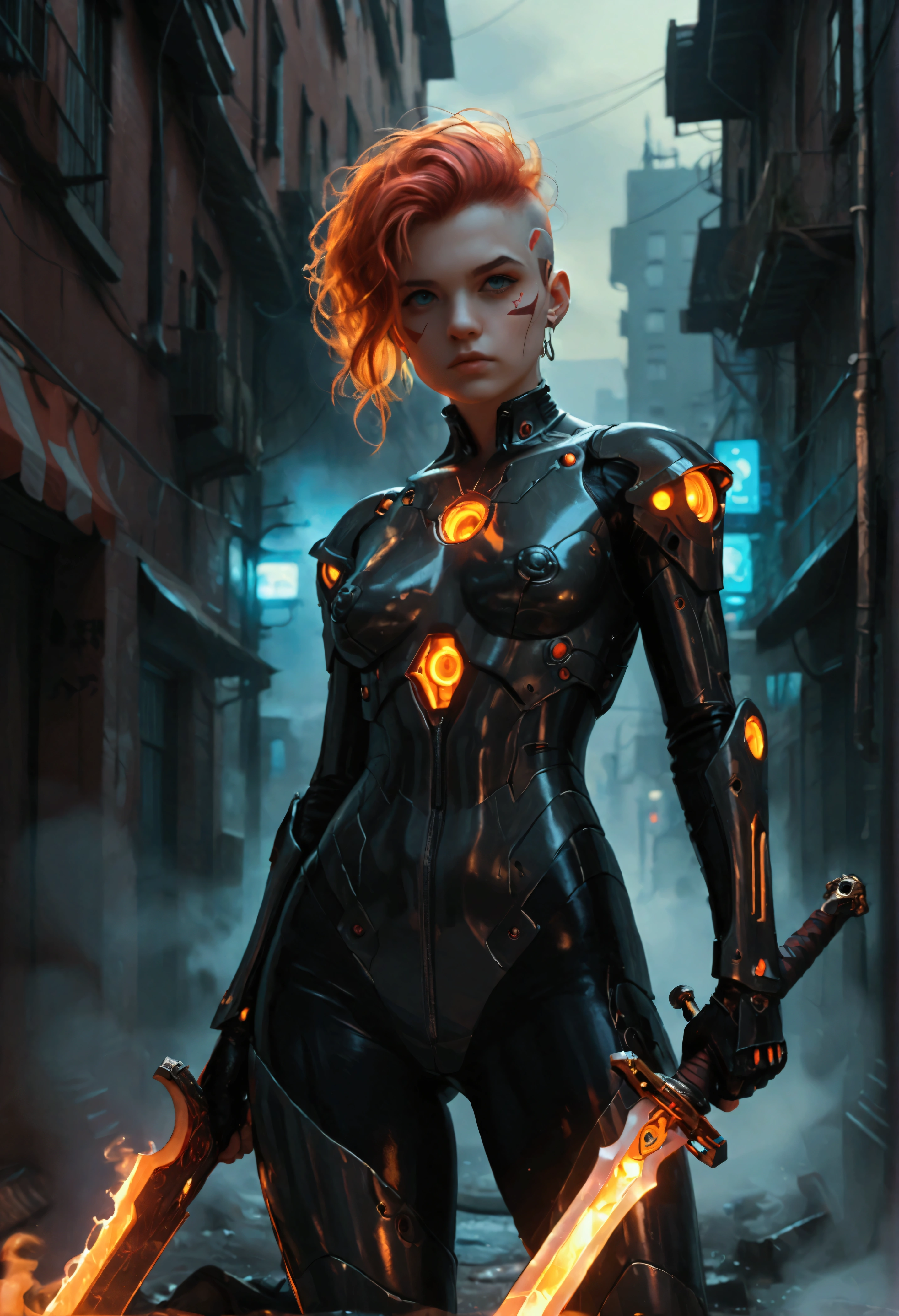 A hyper-realistic digital art of a cyber assassin, clad in sleek, futuristic armor with intricate glowing circuits. The assassin, holding a sharp dagger, is hidden in the shadows of a dimly lit, secretive alleyway, Thick fog and swirling smoke envelop the assassin, obscuring their form, while a striking red backlight casts an ominous glow, creating a dramatic silhouette, The assassin’s face is partially concealed by a high-tech visor reflecting a neon-lit cityscape, The scene is intense and mysterious, with vibrant neon colors like electric blues, neon pinks, and fiery oranges cutting through the darkness, The atmosphere is a blend of tension and stealth, capturing the eerie, dangerous energy of a dystopian cyberpunk world,