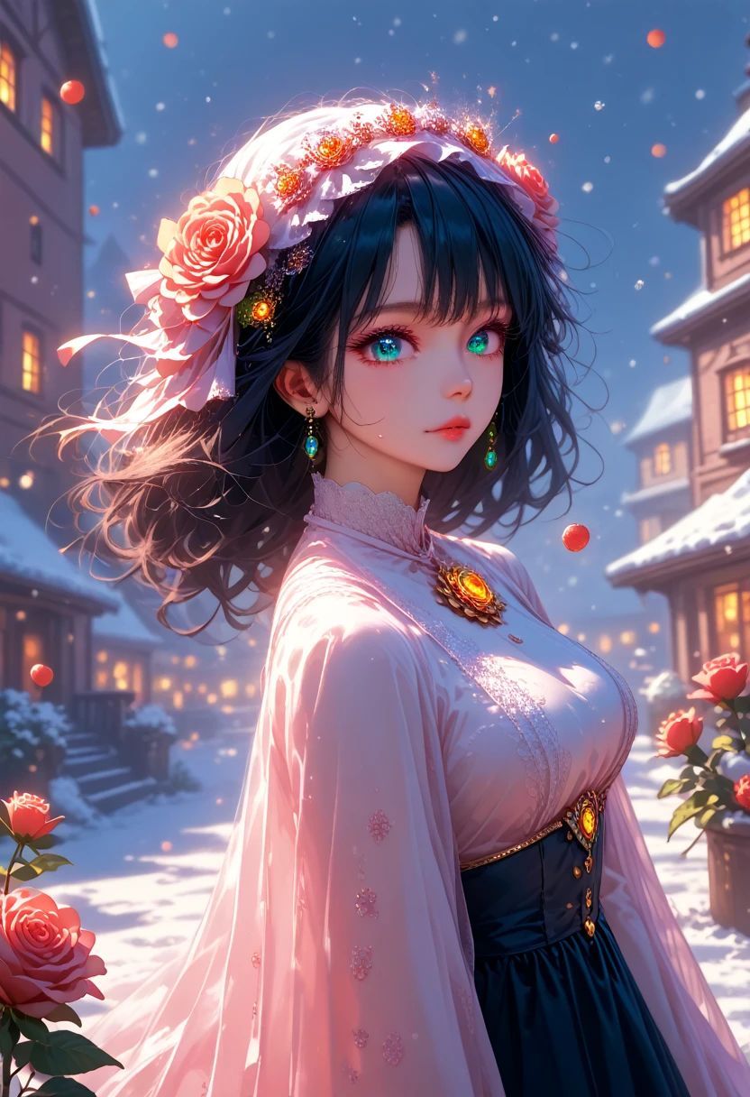 Anime girl, gorgeous, sexy, Ideal Anatomy, Lush Long Very Black Hair Color Black, Big Big Beautiful Eyes,Creates Flower Magic, roses, violets, Different flowers, Full Snow Background, bright colors, village, blizzard, wind, snowstorm, magic, everything is glowing, Beautifully Captures the Eye, Фон village в Снегу много снега, snowman, score_9, score_8_up, score_7_up, dramatic lighting, highly detailed, high budget, bokeh, cinemascope, moody, epic, gorgeous, film grain, grainy, masterpiece, best quality, perfect anatomy, very aesthetic, official art, 8k, Shine, novuschroma70 style, magic of painting, Nice Colors Shadows, pfstyle