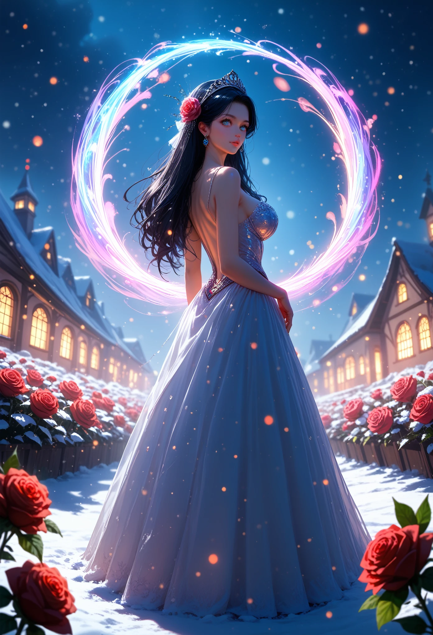 Anime girl, gorgeous, sexy, Ideal Anatomy, Lush Long Very Black Hair Color Black, Big Big Beautiful Eyes,Creates Flower Magic, roses, violets, Different flowers, Full Snow Background, bright colors, village, blizzard, wind, snowstorm, magic, everything is glowing, Beautifully Captures the Eye, Фон village в Снегу много снега, snowman, score_9, score_8_up, score_7_up, dramatic lighting, highly detailed, high budget, bokeh, cinemascope, moody, epic, gorgeous, film grain, grainy, masterpiece, best quality, perfect anatomy, very aesthetic, official art, 8k, Shine, novuschroma70 style, magic of painting, Nice Colors Shadows, pfstyle