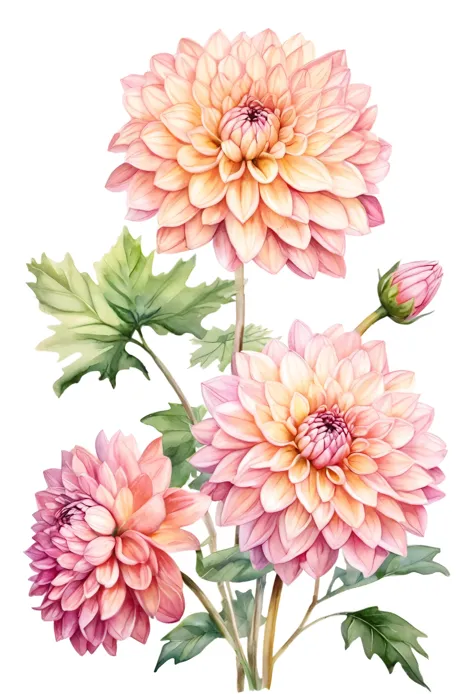 watercolor illustration of spring pink dahlia flower, isolated white background, vintage oil paint style