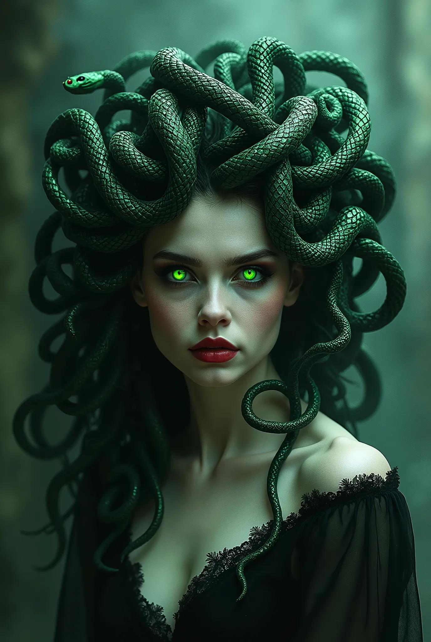 Medusa Gorgon in Gothic style, (Her hair is composed entirely of writhing, venomous snakes, each one with glistening scales and eyes that burn with a malevolent glow:1.5), The snakes are alive, constantly moving and hissing, adding a dynamic, almost hypnotic quality to her appearance. (A dark aura rising from her entire body:1.4), full lips painted a deep crimson, and piercing eyes that glow with an otherworldly green light. Her skin is a pale, almost ethereal white, smooth and flawless but with a slight shimmer that gives her an unearthly quality. Charlie Bowater, 