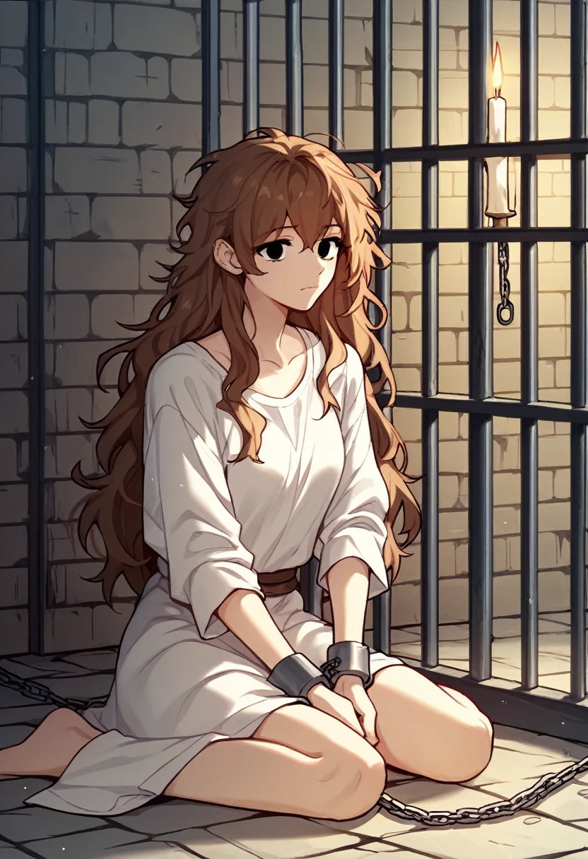 check_9, check_8_up, check_7_up, check_6_up, check_5_up, check_4_up, BREAK источник_anime, manhwa-artstyle, 1 girl, white shirt, solo, looks at the viewer, putting arms, chains, shackles, brown hair, messy hair, black eyes, jail, long hair, dungeon, medieval prison, worth, night, candles, sit, floor, 