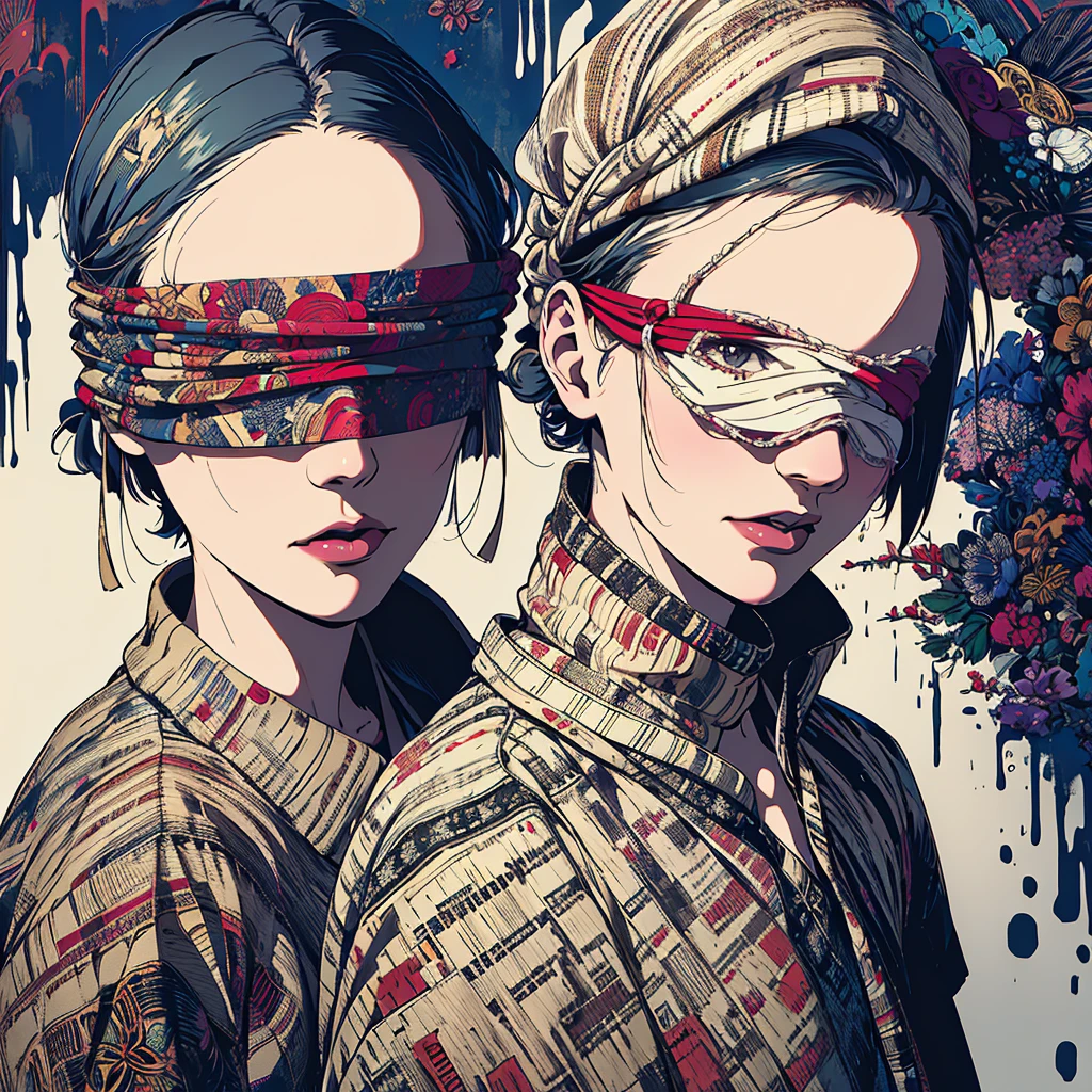 (masterpiece, top quality, best quality, official art, beautiful and aesthetic:1.2),
blindfold, solo, 1girl, open mouth, short hair, long sleeves, bangs, smile, upper body, bandages, shirt,
extreme detailed,highest detailed, optical mixing, playful patterns, lively texture, unique visual effect