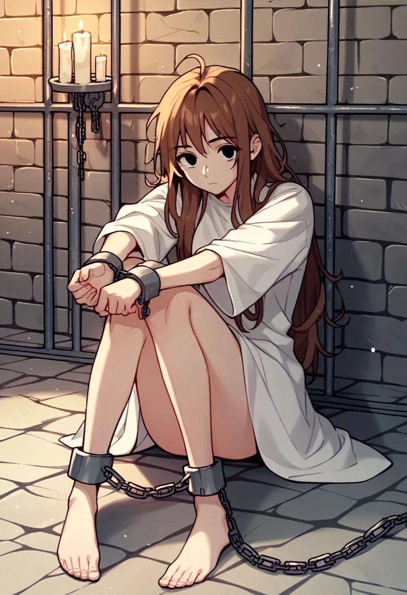 check_9, check_8_up, check_7_up, check_6_up, check_5_up, check_4_up, BREAK источник_anime, manhwa-artstyle, 1 girl, white shirt, solo, looks at the viewer, putting arms, chains, shackles, shackled legs, brown hair, messy hair, black eyes, jail, long hair, dungeon, medieval prison, worth, night, candles, sit, floor, 