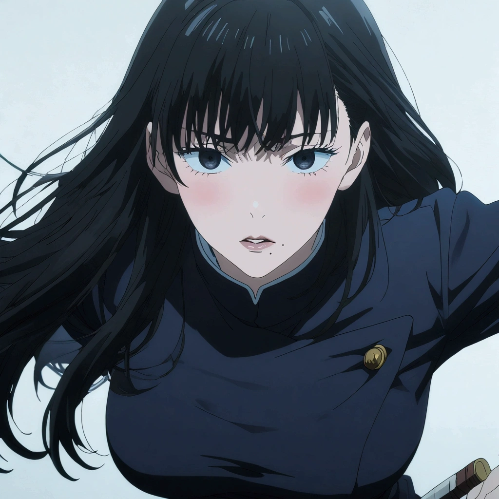 1girl, Solo, High Resolution, Breasts, Looking at viewer, Blush, High Resolution, Masterpiece, Accurate, Anatomically Correct, Best Quality, Detail, Long Hair, black Hair, Bangs, Parted Lips, Cowboy Shot, Simple background, black eyes, jujutsu kaisen anime screen cap , anime screen cap,Mole Under Mouth, holding sword, white colour jujutsu kaisen uniform