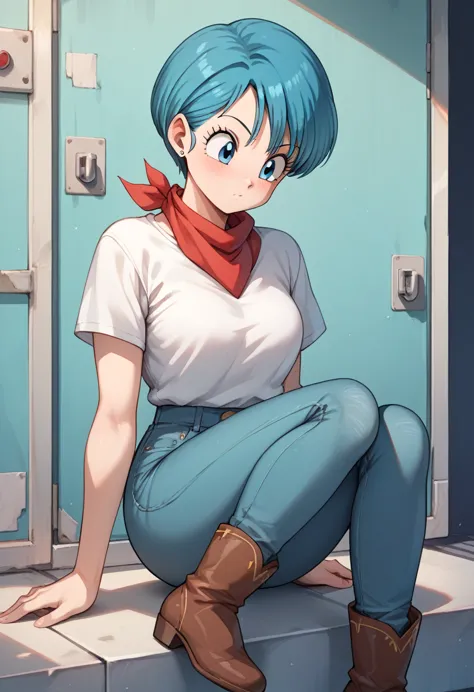 original style, bulma, short hair, blue eyes, blue hair, white short-sleeved shirt, jeans, red kerchief around the neck, cowboy ...