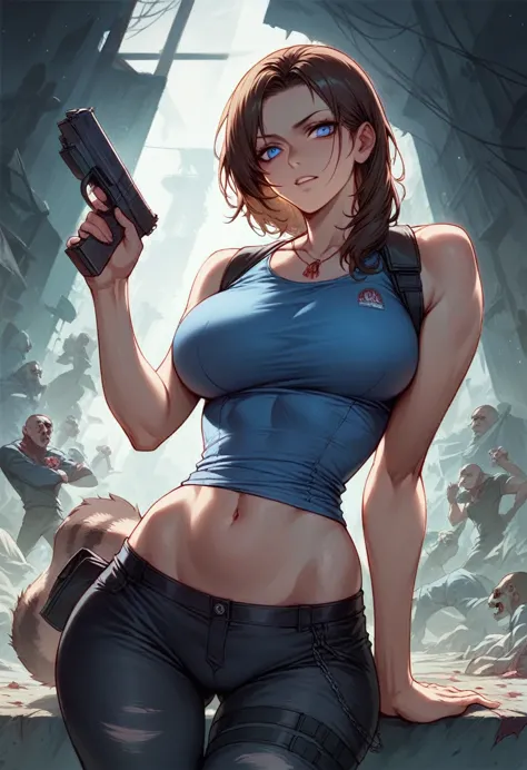 1 girl, dose de cowboy de zotovalentine,zombie-apocalypse,perfect tummy,waist slender,broad hips,holding a pistol,blue top,black...