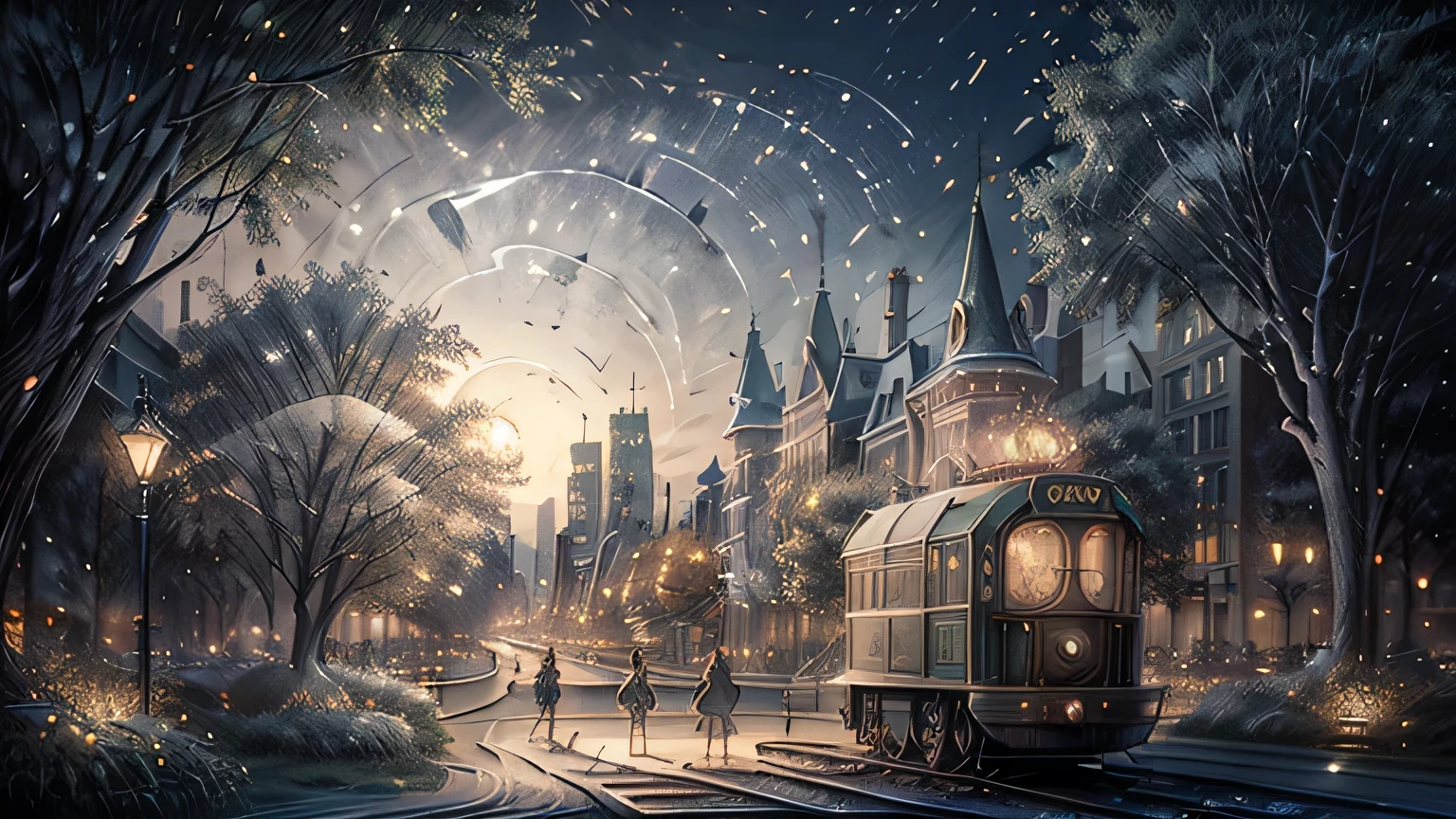 Charming summer night in the city. Crossing the tracks，View of the large park behind the white park fence. many lights, wreath, music, people. The lake in the distance sparkles in the moonlight.A square in a maze of streets. Cars fly by like fireflies