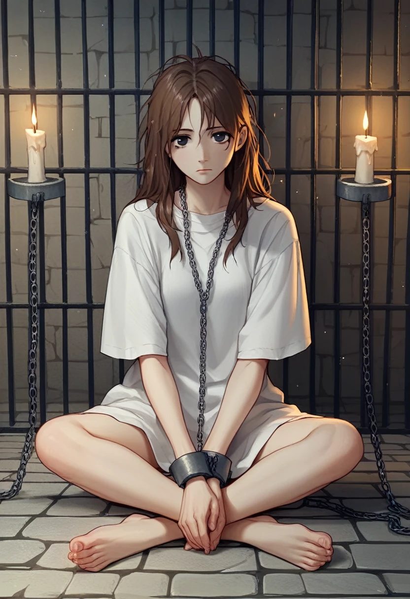 check_9, check_8_up, check_7_up, check_6_up, check_5_up, check_4_up, BREAK источник_anime, manhwa-artstyle, 1girl, white shirt, solo, looks at the viewer, putting arms, chains, shackles, shackled legs, brown hair, messy hair, black eyes, jail, long hair, medieval prison, worth, night, candles, sit, floor, 