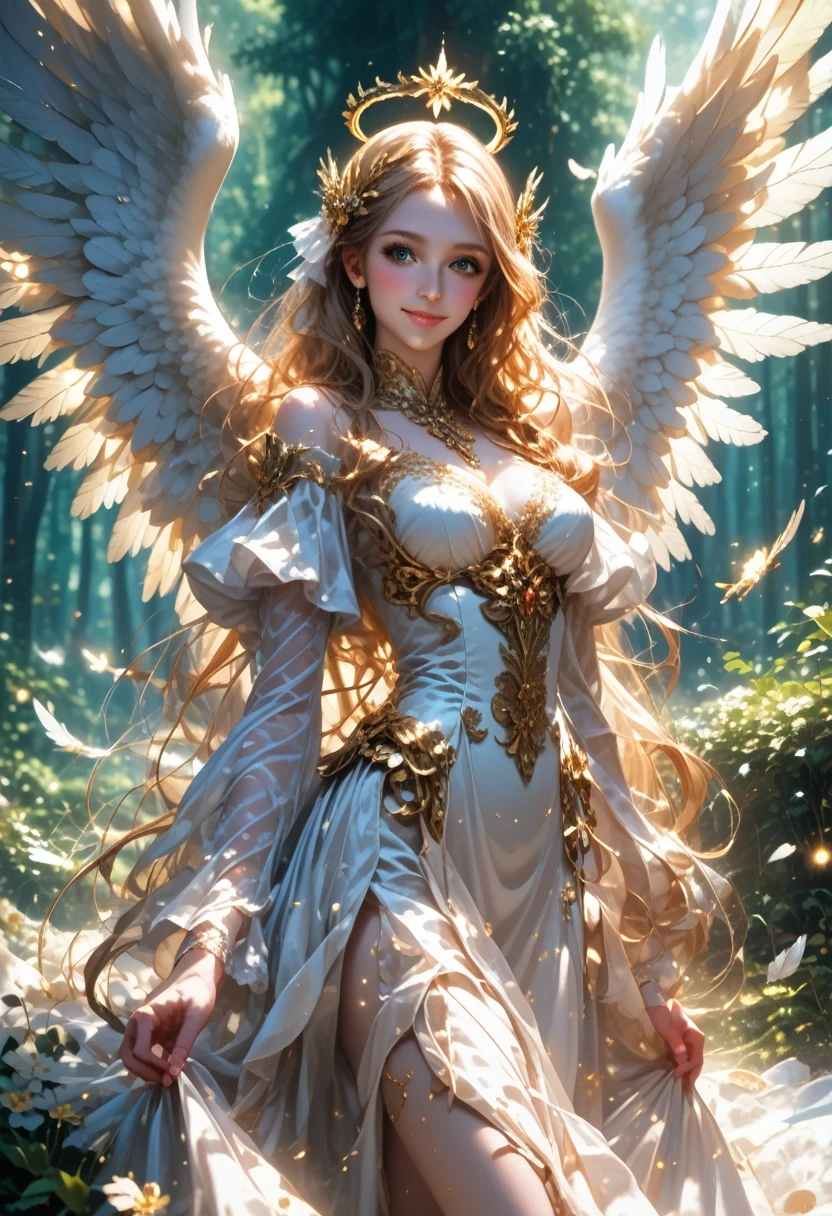 anime girl, very beautiful, Ideal Anatomy, Long Hair Straight Very Long Hair, small, Light big eyes, A Bright Personality, Nice Makeup, Angel Wings, Wings Glitter With Gold Dust, Beautiful View of Clouds, The Sun is Shining, the forest, walk, smile, joy, Soft and Pleasant Colors, clear detail, A game of shadows, Foliage on Earth, Clear Masterpiece,score_9, score_8_up, score_7_up, dramatic lighting, highly detailed, high budget, bokeh, cinemascope, moody, epic, gorgeous, film grain, grainy, masterpiece, best quality, perfect anatomy, very aesthetic, official art, 8k, Shine, magic of painting, Nice Colors Shadows, pfstyle, fantasy,