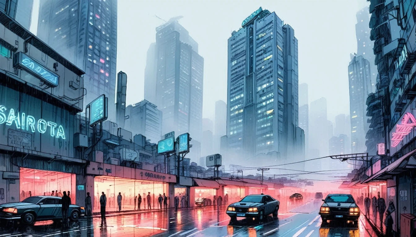 A futuristic and dystopian city of São Paulo, with glass and neon skyscrapers, shrouded in a gray mist, lights reflecting in the rain on the deserted streets. A melancholic and intriguing cyberpunk atmosphere.







