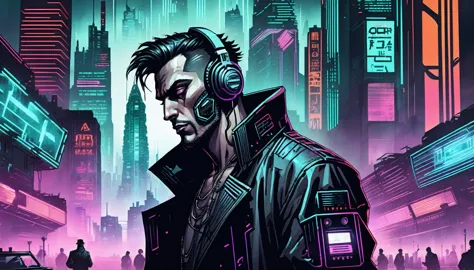 an old-school cd cover with a cyberpunk aesthetic. it shows a person with a futuristic and dark look., listening to an old radio...