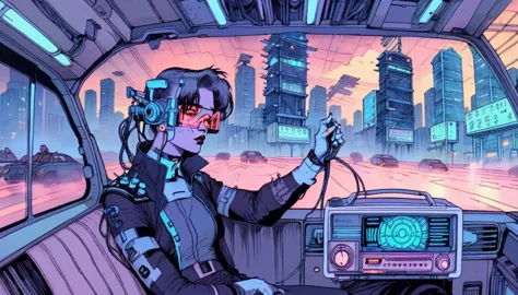 old cd with a cyberpunk aesthetic. it shows a person with a futuristic and dark look., listening to an old radio in the car. the...