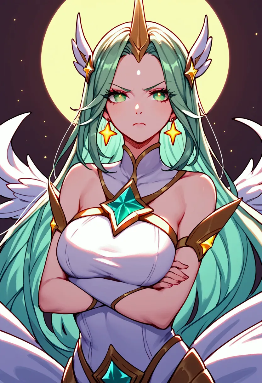 score_9, score_8_up, score_7_up, soraka star guardian (league of legends), 1 girl, green eyes, light green hair, horn on her for...