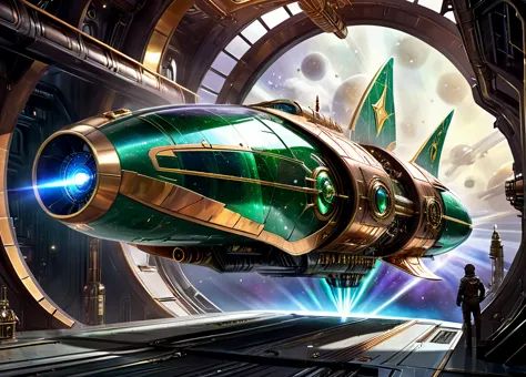 concept art. medium shot. a steampunk starship with metallic gold green marble hull. medium shot. steampunk-inspired sci-fi illu...