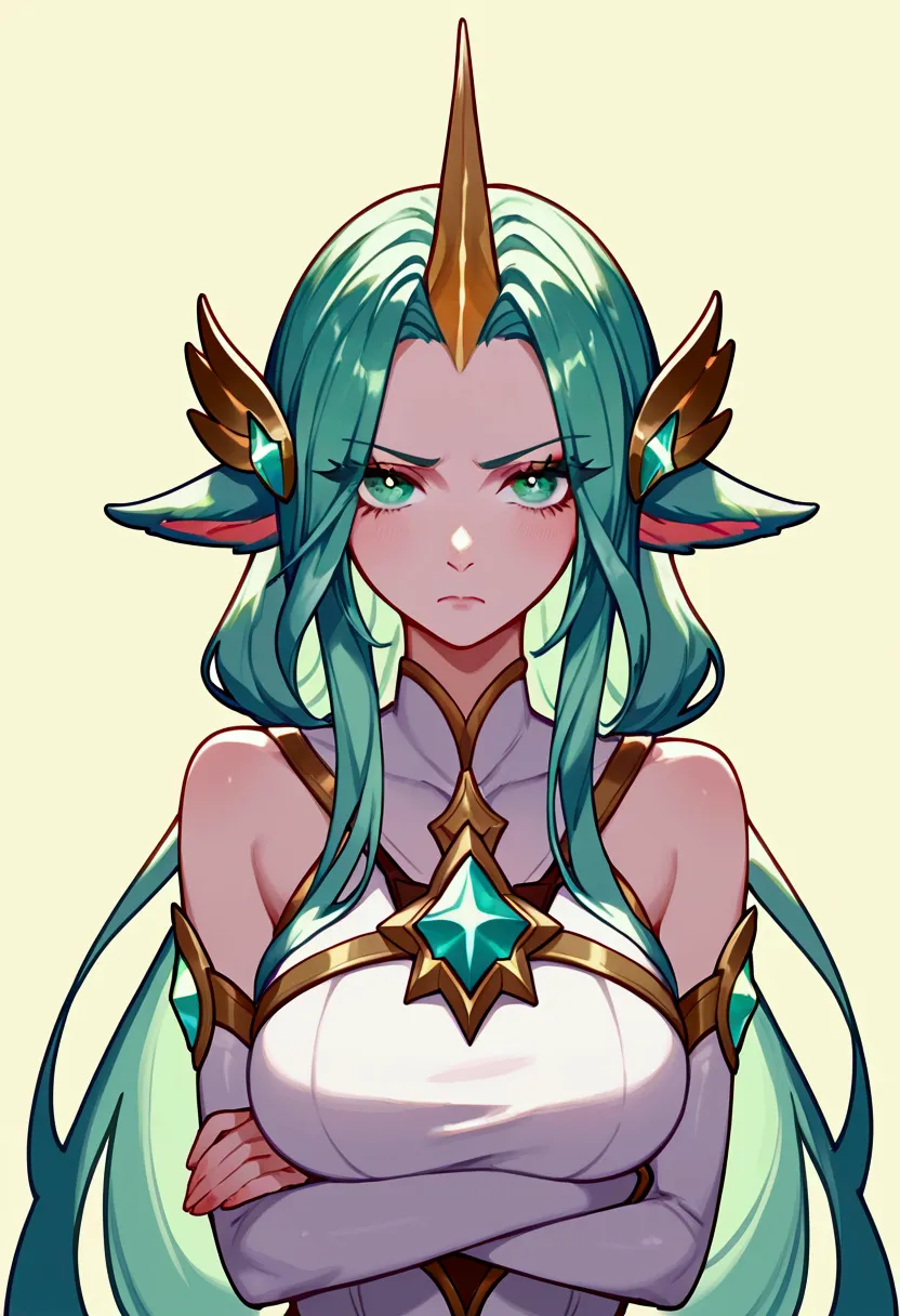 score_9, score_8_up, score_7_up, soraka star guardian (league of legends), 1 girl, green eyes, light green hair, horn on her for...