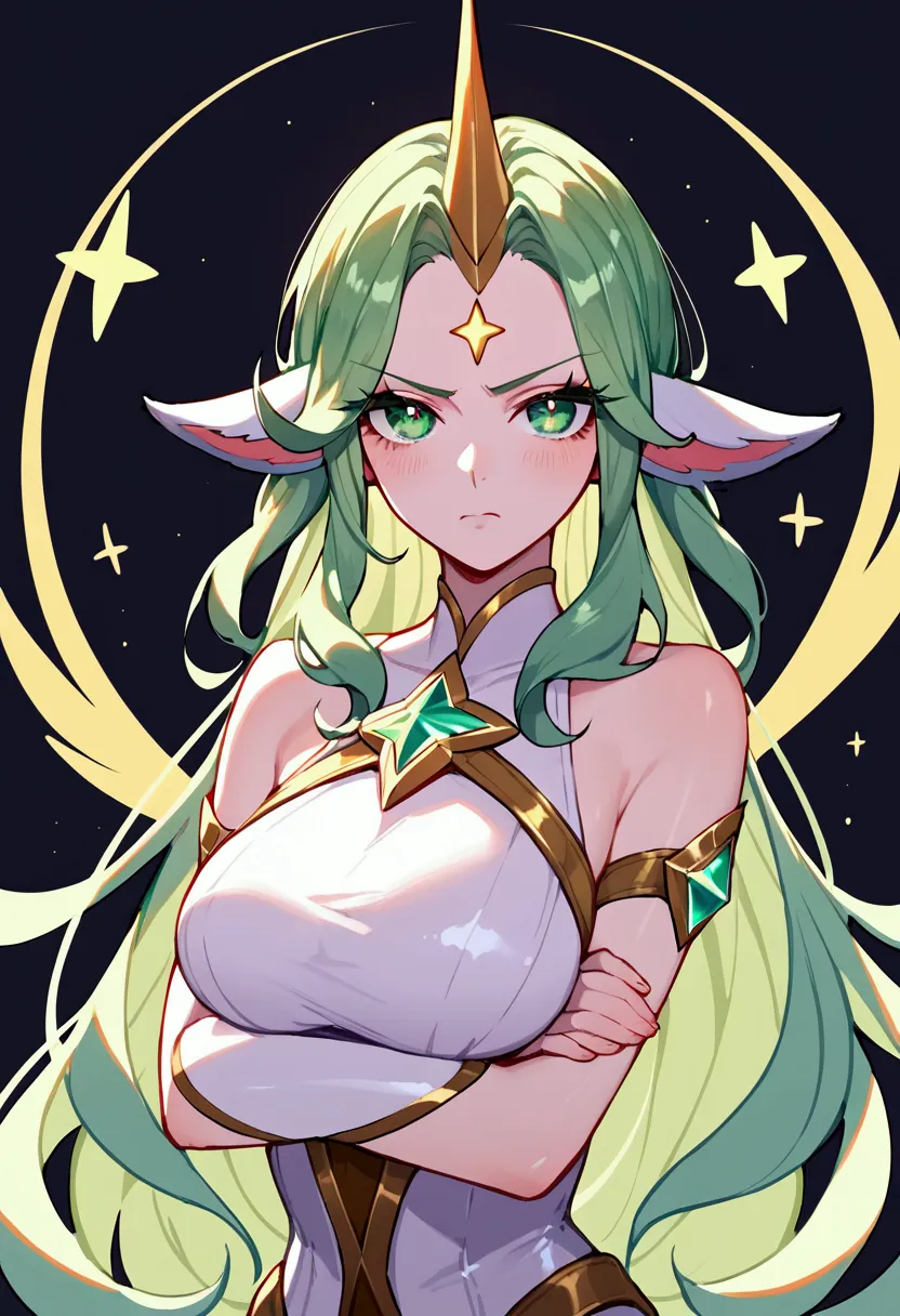 score_9, score_8_up, score_7_up, soraka star guardian (league of legends), 1 girl, green eyes, light green hair, horn on her for...