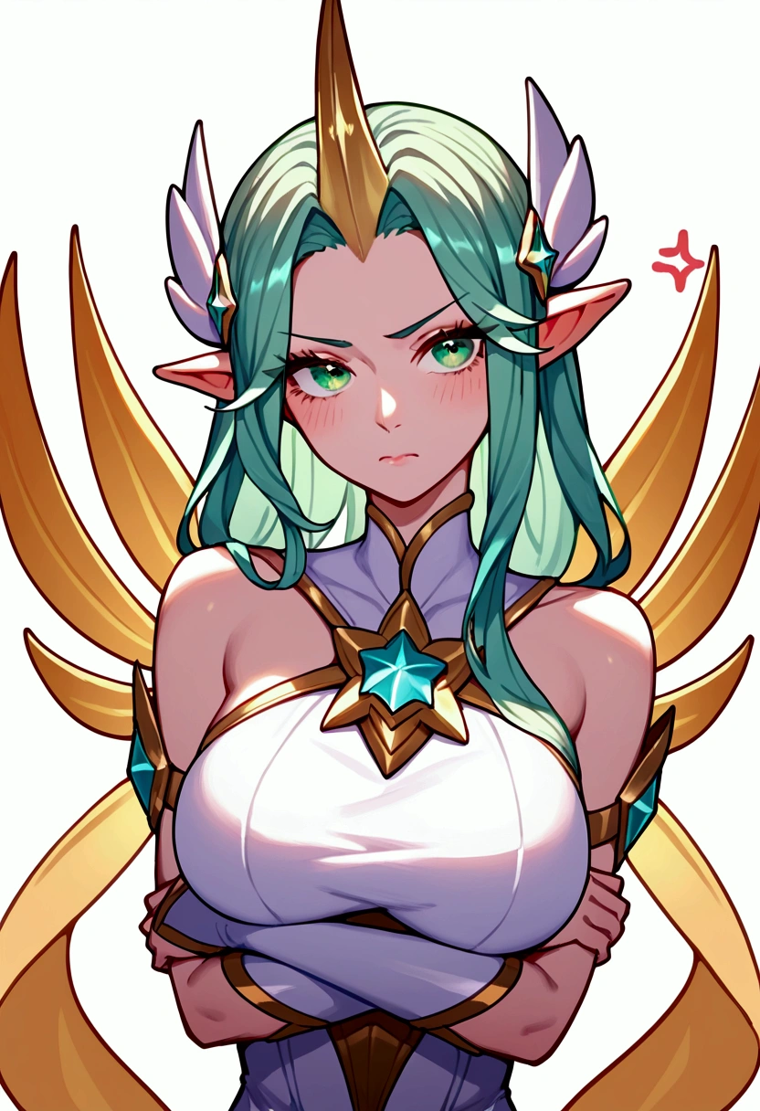 score_9, score_8_up, score_7_up, Soraka Star Guardian (league of legends), 1 girl, green eyes, light green hair, horn on her forehead, wing brooch on the sides of her head, sexy, full body, star guardian dress, squinty eyes, drooping ears, long eyelashes, sexy, big bust, beautiful face, slightly annoyed, arms crossed, bangs between eyebrows