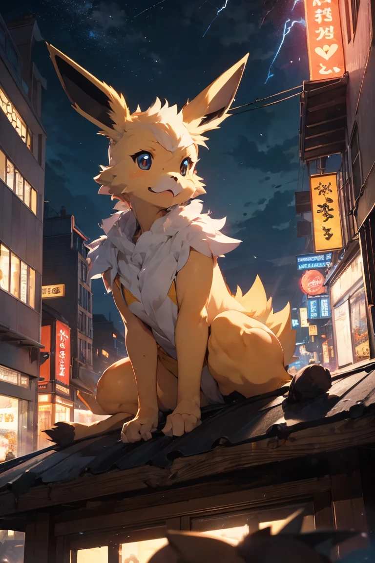 One Jolteon sitting in roof of pokemon center building, is surrounded by electric sparks. In the night with full moon, epic pose, cinematic lighting, volume lighting, bright tone, warm color, colorful,, masterpiece, super detail, high quality, award winning, best quality, highres, 16k