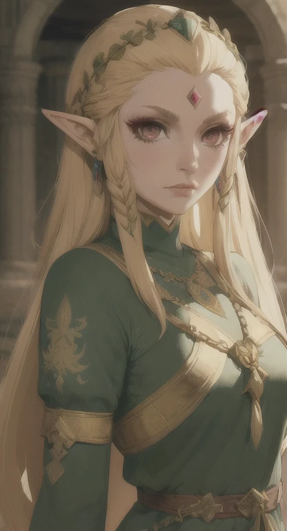 Ancient Hylian, Devine heroine, princess Hylia, blonde, red eyes, glaring at viewer, ancient Devine armor, long messy hair, ancient Hyrule, medieval Town, 