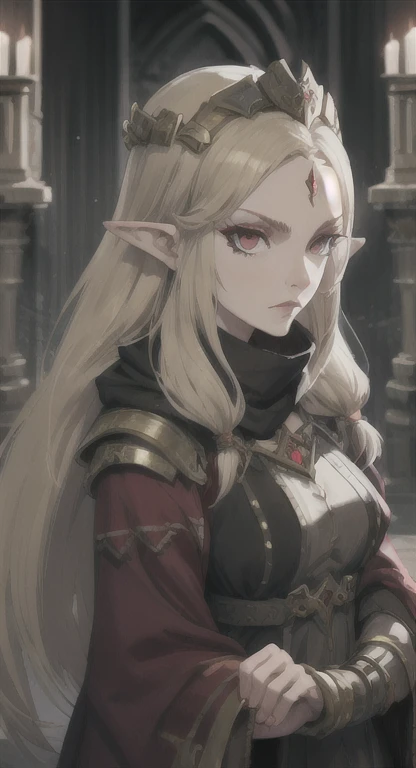 Ancient military , Supreme commander, princess Hylia, blonde, red eyes, glaring at viewer, ancient military armor, long messy hair, ancient Hyrule, medieval room, 