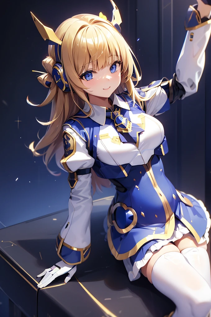 mecha wings、White and blue skirt、Thighs、tights、chest、Golden Hair、1 girl、solo girl、IS、Frame Arms Girl、Alice Gere Aegis、Blue Armor、income、headphone、hand on own chest、smile、idol woman、idol dress