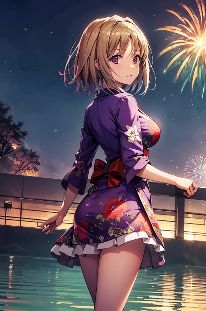 (masterpiece:1.3), (best quality:1.1), (8k, ultra detailed, ultra high res:1.2), ((anime style)), perfect 5 fingers, perfect anatomy, 
1girl,
Kushida Kikyou, 
short hair, 
bronze hair, 
(purple eyes:1.2), small eyes, 
large breasts, 
(floral printed kimono, beautiful detailed lens flare),
looking at viewer, 
cowboy shot, 
natural light, standing, arm behind back, looking back, detail background, outdoor, outside, Pond at your feet, Fireworks reflected on the pond, BREAK, evening,