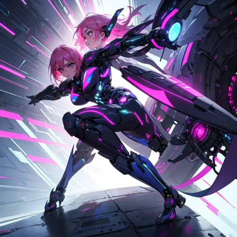 full body, a youthful teenage girl with pink hair, very short body, cybernetic body, cyborg, purple and blue, photo-realistic, 8...