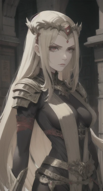 Ancient military, Devine heroine, supreme commander, blonde, red eyes, glaring at viewer, ancient Devine military armor, long messy hair, ancient kingdom, medieval Town, 