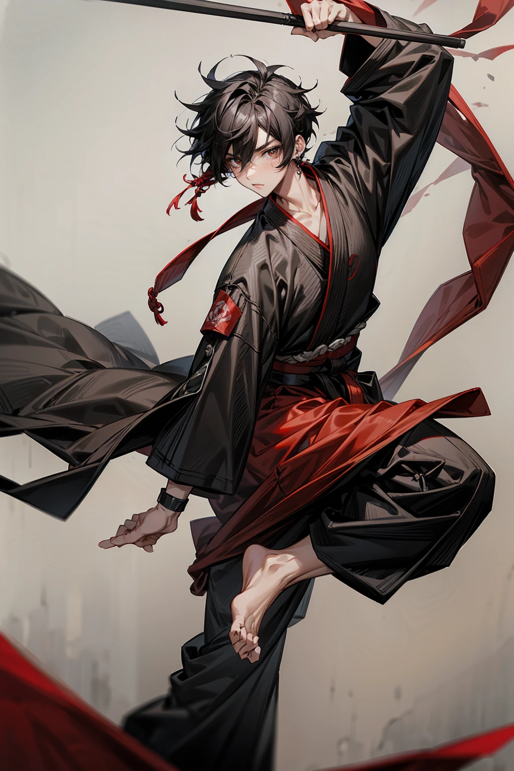 1male , Adult, Two-Toned Hair , White and Black Hair , Messy Hair , Short Hair, Large Ear Rings , Red Martial Arts Clothing , Black Baggy Pants , Red Haori, Grey Sash