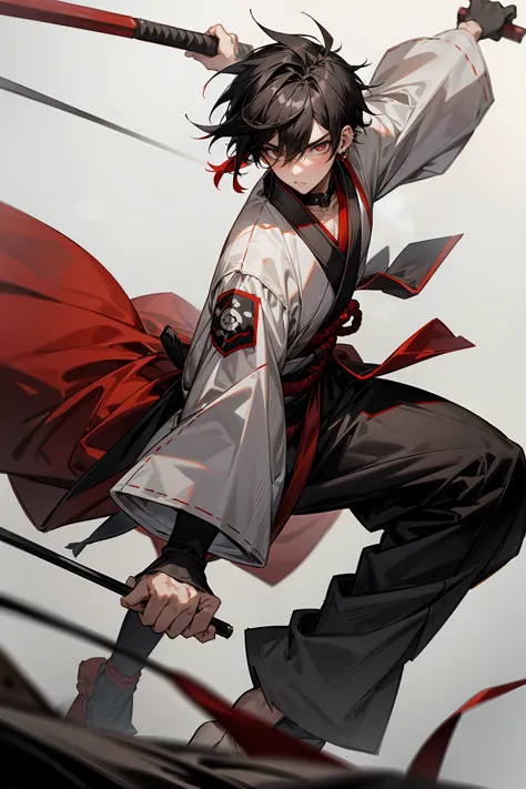 1male , adult, two-toned hair , white and black hair , messy hair , short hair, large ear rings , red martial arts clothing , bl...