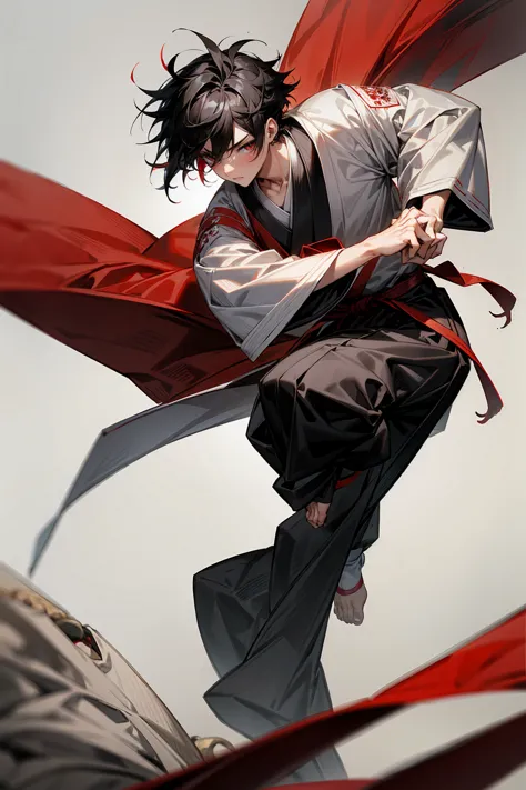 1male , adult, two-toned hair , white and black hair , messy hair , short hair, large ear rings , red martial arts clothing , bl...