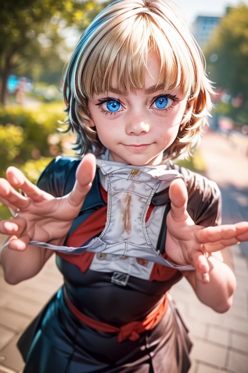 1 female，5 years，，Very small girl ，One, (background：City Park，Bright Park, ）, Dynamic Angle, Very detailed, shape, close, straight, Just One Girl, She has blonde hair，（（Chedevr），（Very detailedな CG Unity 8K 壁紙），Highest quality，Cinema Lighting，詳細なbackground，beautiful細部までこだわった目，Excellent student，blue eyes，She holds in her hands the urine-soaked white panties she just took off，（とても良くてbeautiful），（beautiful and detailed description of the eyes），Very detailed，Chedevr，）），High resolution，Very detailed），My face turned red，smile，Desire for dissatisfaction，Primary school students，（boring：Short dress）, (naked, beauty, Hilarious, beautiful, Slender body, ) , Reveal panties [[Gentle fingers and hands:0.55]::0.85],(Finger details)))