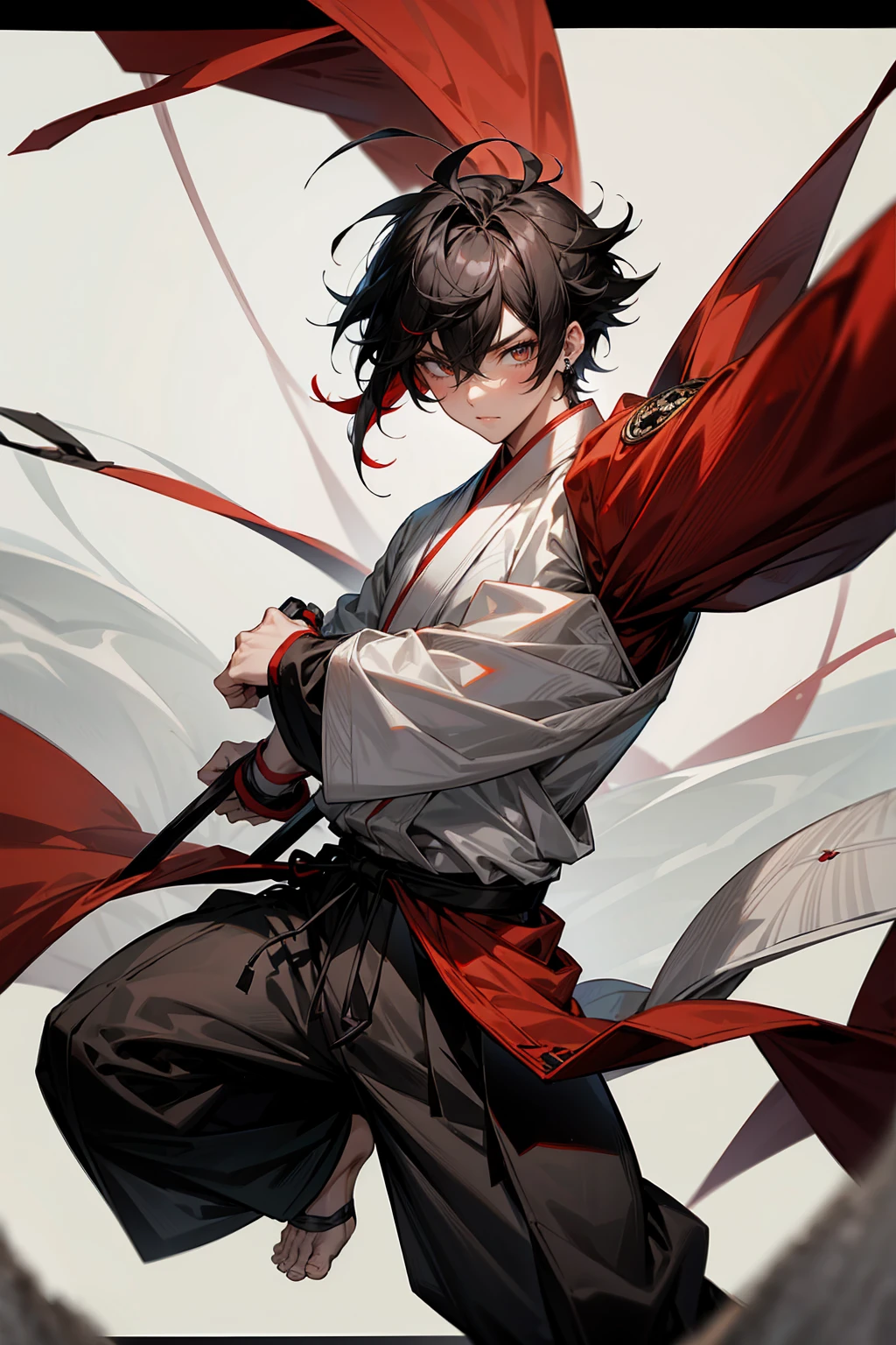 1male, Adult, Two-Toned Hair, White and Black Hair, Messy Hair, Short Hair, Large Ear Rings, Red Martial Arts Clothing, Black Baggy Pants, Red Haori, Grey Sash