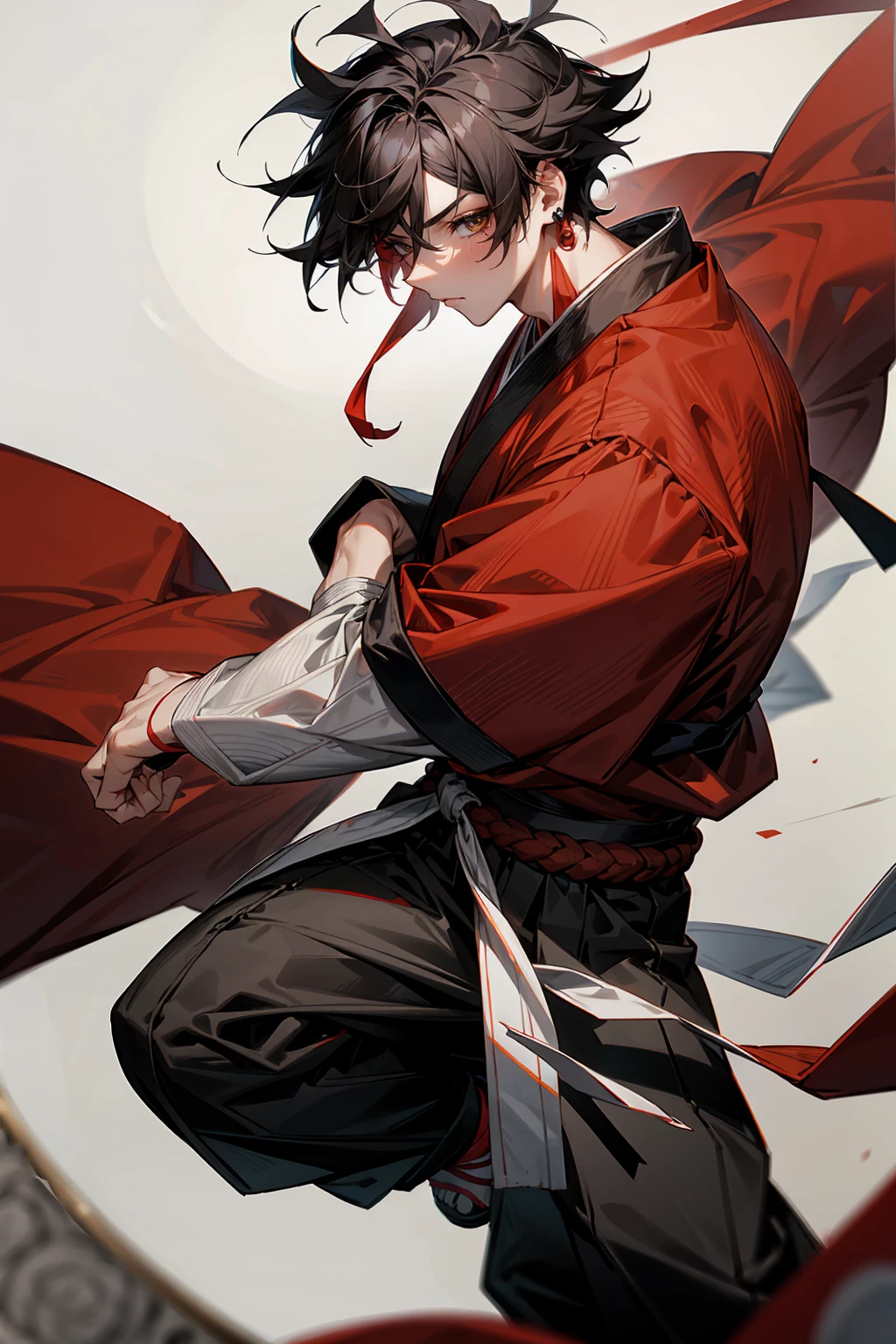 1male, Adult, Two-Toned Hair, White and Black Hair, Messy Hair, Short Hair, Large Ear Rings, Red Martial Arts Clothing, Black Baggy Pants, Red Haori, Grey Sash