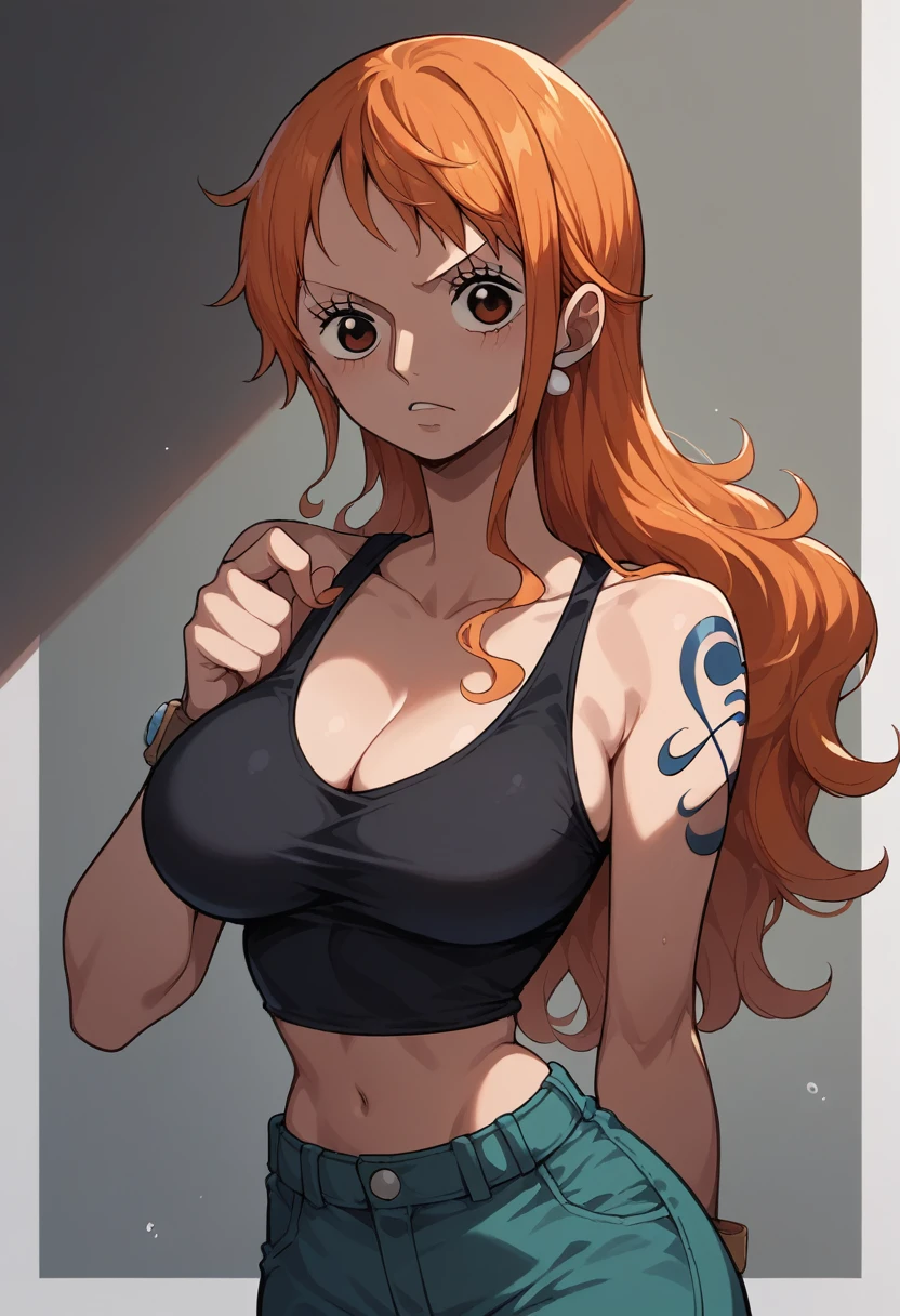 Nami from One Piece in black top showing her tight sexy boobs