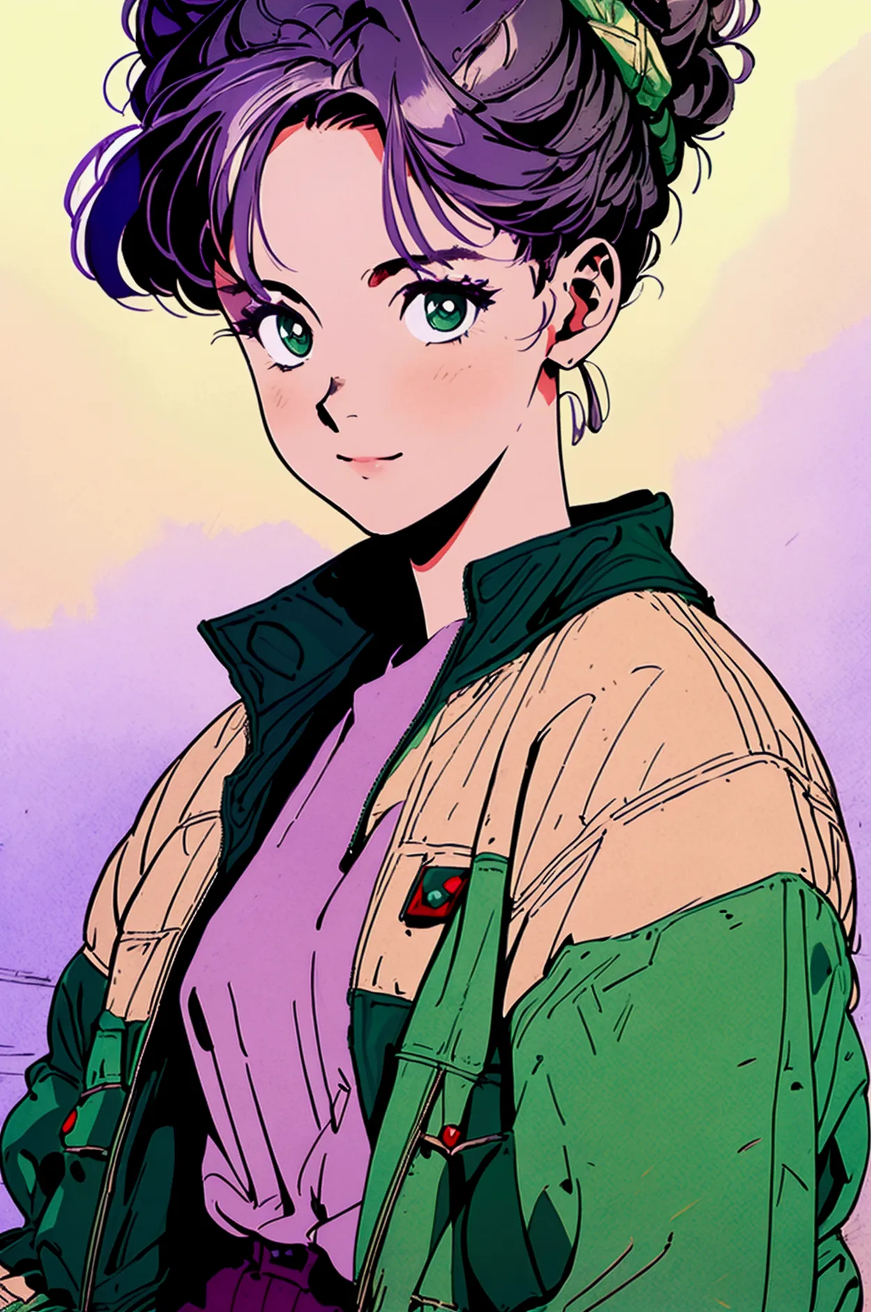 a woman with purple hair tied in a bun, wearing a beige jacket and trousers, burgundy fitted shirt underneath, green eyes, small...