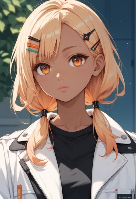 kaminari qpi, orange eyes, blond hair, long hair, hair clips, low twintails, dark skin, black shirt, white jacket,