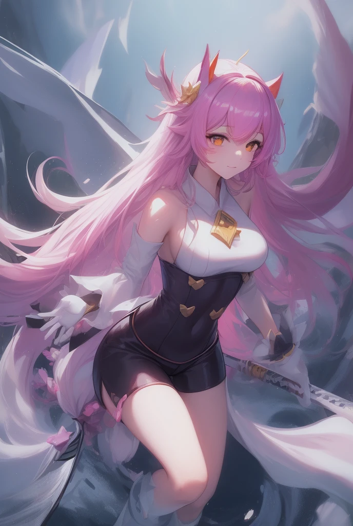 solo, full body, very long hair, starry hair, black hairband, white shirt, very short shirt, stomach, fox girl, fingerless gloves, katana in hand, white gloves, tactical gloves, black shorts, very short shorts, ninetales, halo behind head, big halo, glitched halo, glitch censor, very large chest,  black gas mask, hovering above the water, goddess, big wings, tight outfit, starry background, katana covered in soul fire, partial additives (risen legeind ahri, arcana ahri, spirit blossom ahri, star guardian ahri, dynasty ahri, midnight ahri),