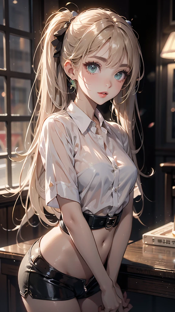 (masterpiece), highest quality, solo, 1girl, teen, young, dark skin, tan skin, ((petite)), pink hair, twin tails, upper_body, perfect_round_iris, green_eyes, absurdres_iris, wide_eyes, small waist, small hips, cute ass, extremely_delicate_body, perfect body, tan body, ((dark skin)), ((pulling shirt down over her crotch, shirt stretched tight over breasts, no pants, nude, buttocks exposed)), satisfaction, elegant_tilt, relaxed_pose, confident_stance, graceful_posture, casual_lean, enchanting_gaze, feminine_expression, curiosity_teasing_expression, [shine_pink_hair, hair_ornament, voluminous hair, long_hair, multicolored_hair, two-tone_hair, twintails, bow-shaped_hair, eyelashes, mascara, starry_green_eyes, natural makeup, makeup, parted glossy lips, sincere smile, soft_skin, tan_skin, perfect_breasts, round_breasts, delicate_clothes, twilight, nostalgic, soft pink, scenery, bokeh, serenity, rays, luminescent, as twilight falls, warm glow from a nearby lamp, casting a nostalgic light,