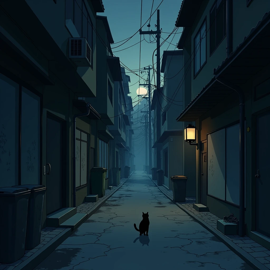 anime style image, Movie alley, Aura of mystery, poor lighting, uneven lighting, empty alley with trash cans.