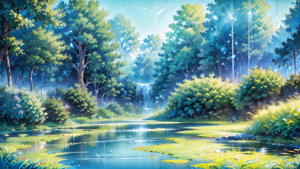 An ancient magical village near a pond, winter, tall houses made of white wood, a crystal clear waterfall flows into the pond, white and blue flowers bloom near the pond, white luminous moths fly, digital art, botanical art, realistic, 4k, aesthetically pleasing, beautiful, professional photo , high resolution, high detail