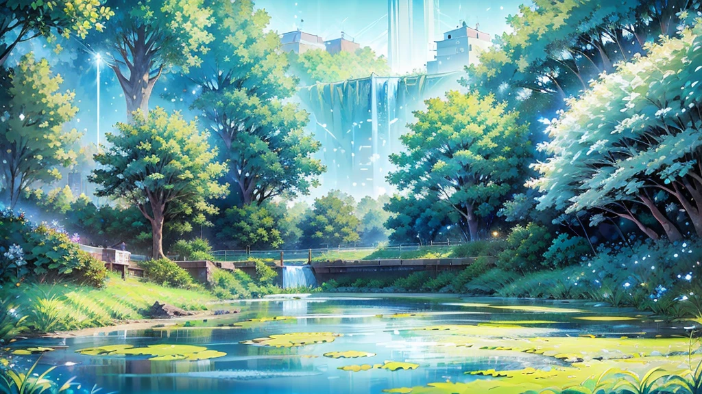 An ancient magical village near a pond, winter, tall houses made of white wood, a crystal clear waterfall flows into the pond, white and blue flowers bloom near the pond, white luminous moths fly, digital art, botanical art, realistic, 4k, aesthetically pleasing, beautiful, professional photo , high resolution, high detail