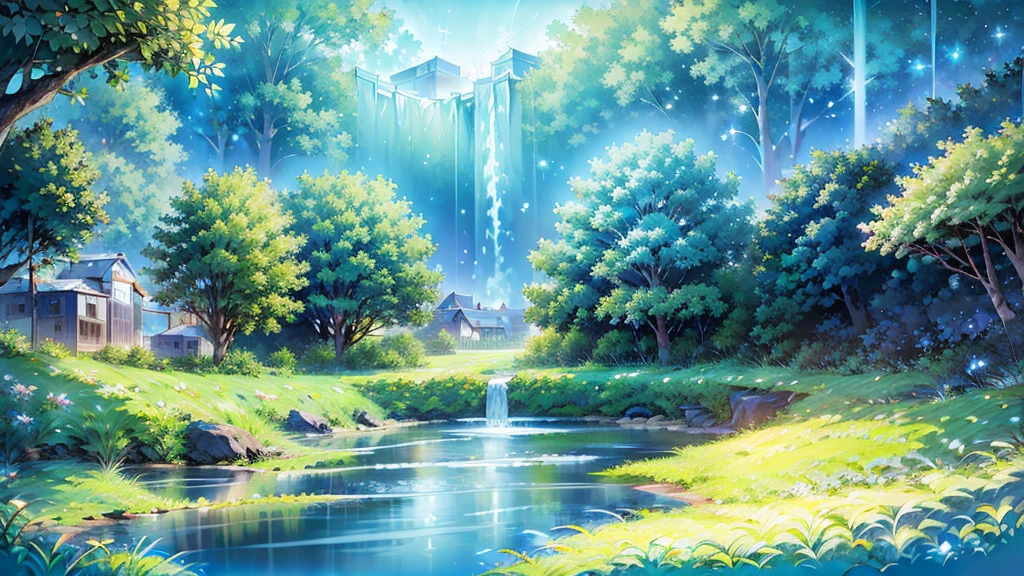 An ancient magical village near a pond, winter, tall houses made of white wood, a crystal clear waterfall flows into the pond, white and blue flowers bloom near the pond, white luminous moths fly, digital art, botanical art, realistic, 4k, aesthetically pleasing, beautiful, professional photo , high resolution, high detail